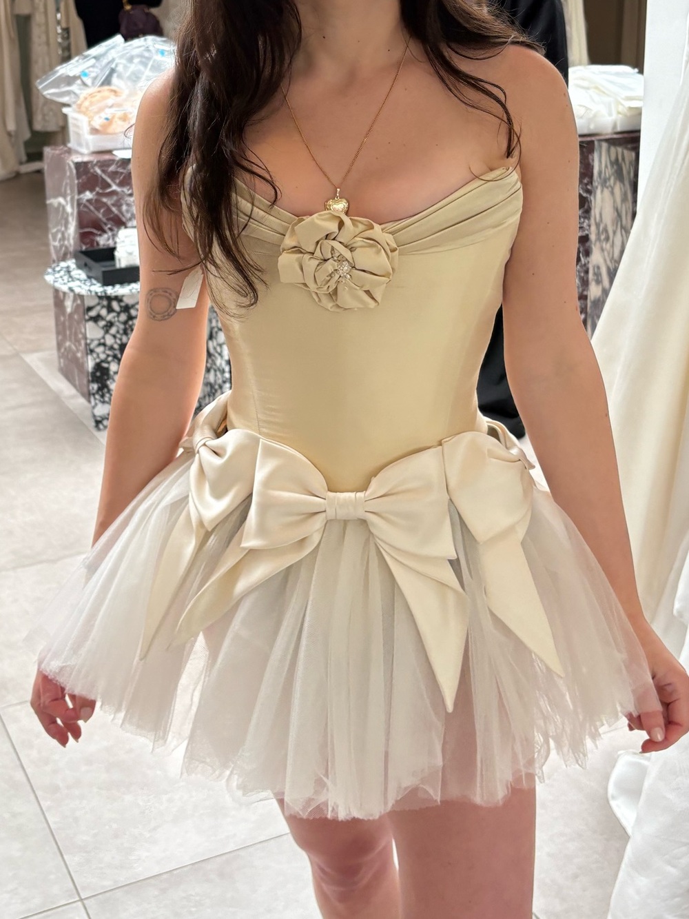 Paula Nadal Bridal Couture Champagne Silk Corset Top with Floral Detail